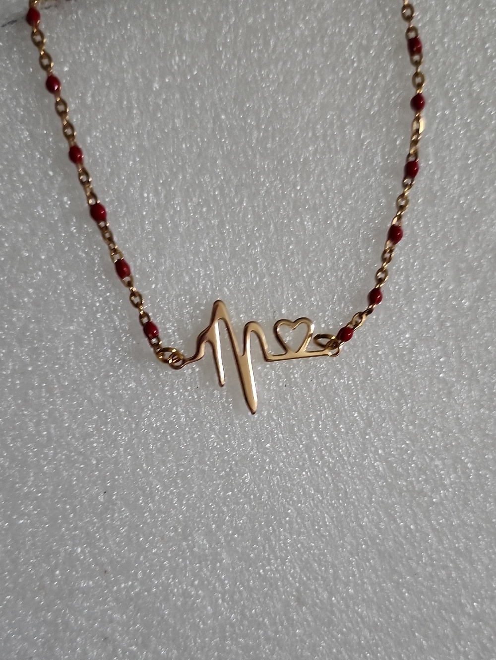 Hand Crafted Gold Heartbeat Bracelet / Anklet with Red Beads